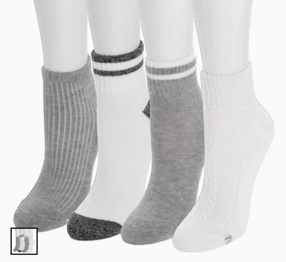MUK LUKS Women's 4PK Dream Step Mini Crew Sock Gray White One Size fits 6-11 NWT